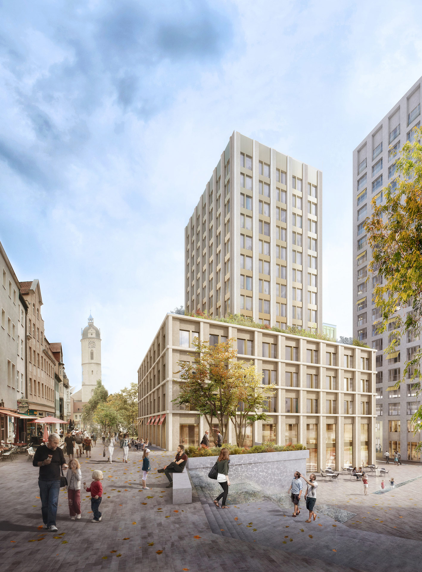 Eichplatz Areal in Jena, Blick entlang der Johannisstrasse auf die Stadtkirche Sankt Michael