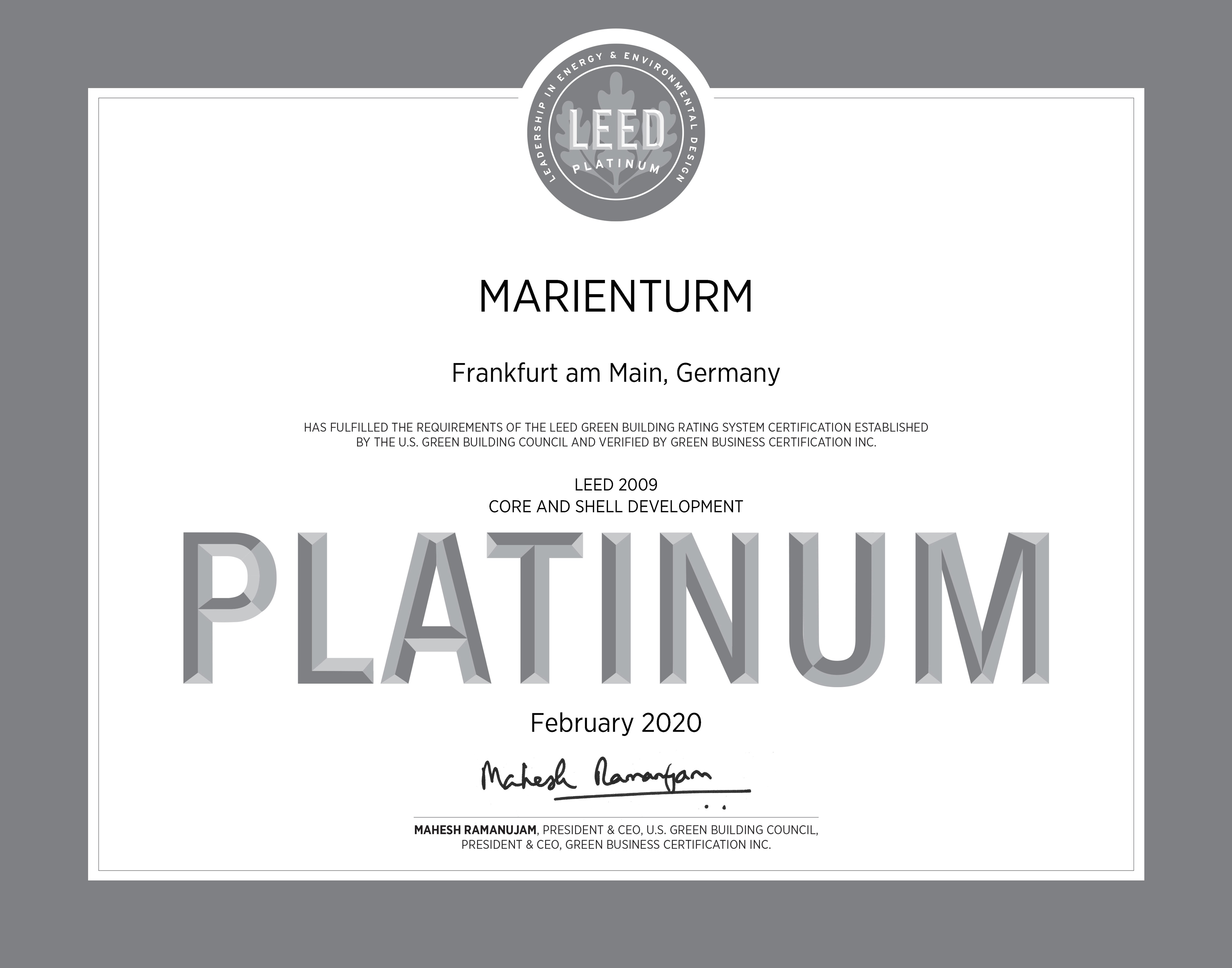 Marienturm in Frankfurt am Main, Auszeichnung LEED Platinum