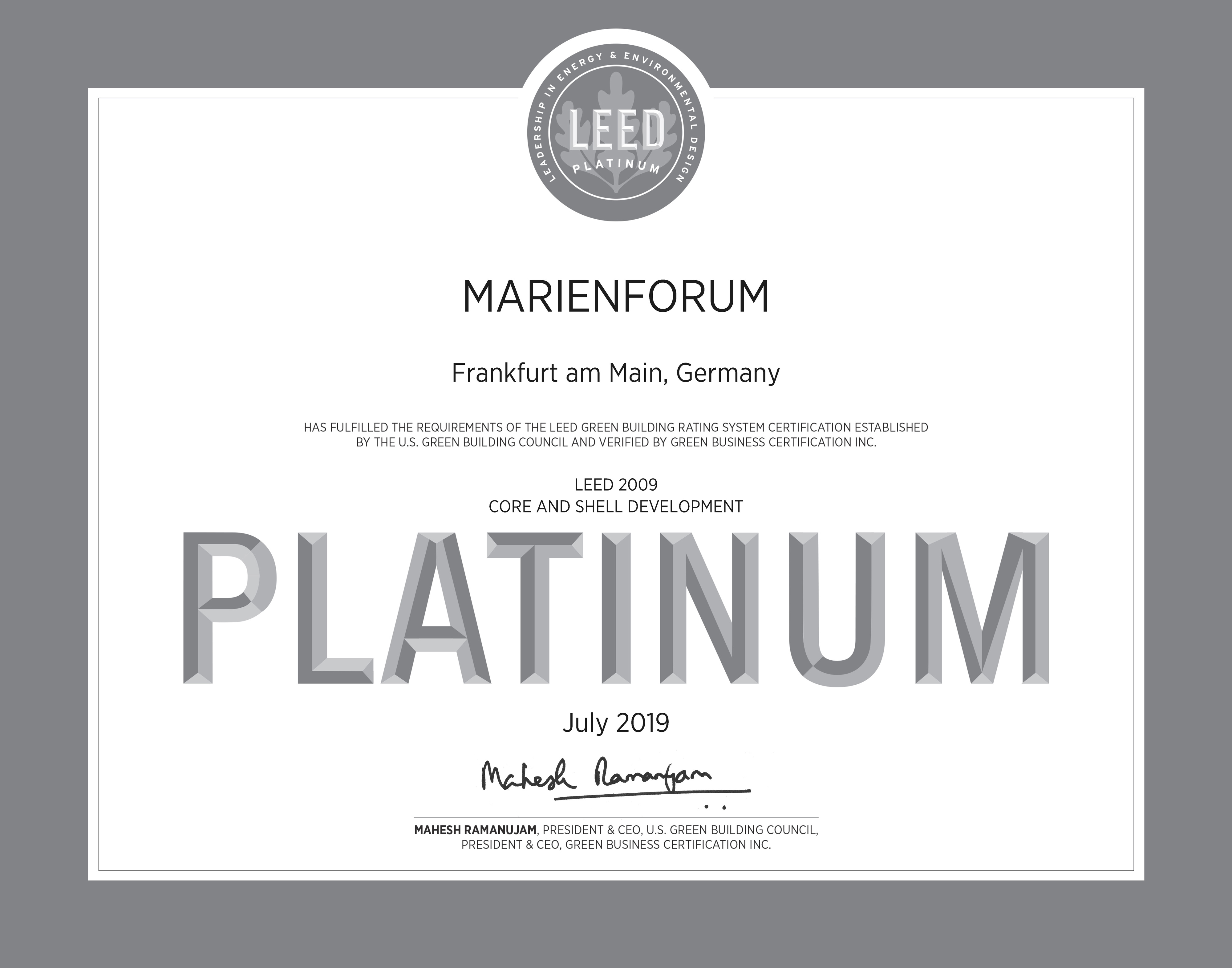 Marienforum in Frankfurt am Main, Auszeichnung LEED Platinum