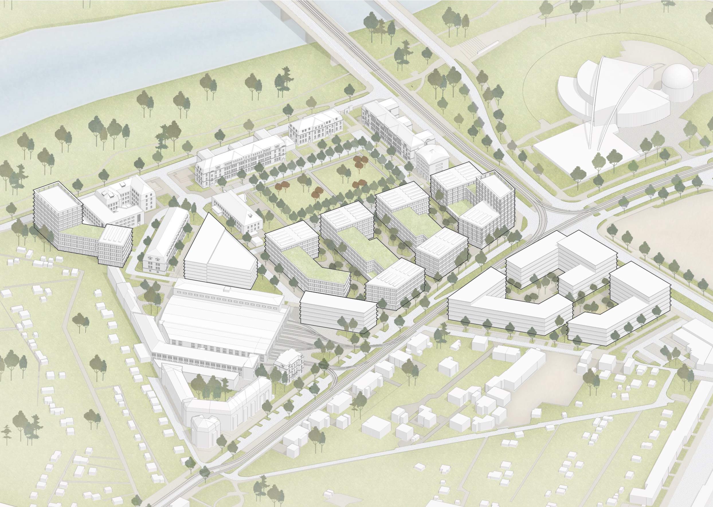 Städtebaulicher Wettbewerb Turmschanzenstraße Nord in Magdeburg - Axonometrie