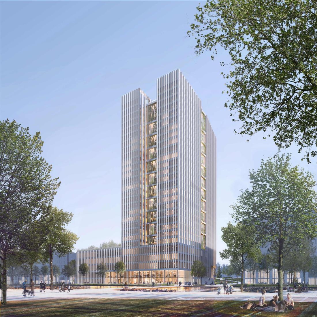 Neubau Technisches Verwaltungsgebäude, Blick vom IHZ Park auf das Technische Verwaltungsgebäude und den Haupteingang
